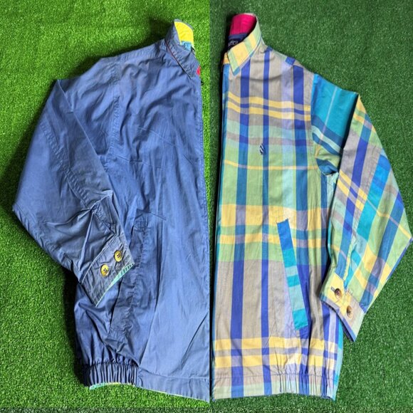 Vintage 90's Nautica Reversible Harrington Bomber Jacket Size L Madras Plaid - Picture 1 of 16